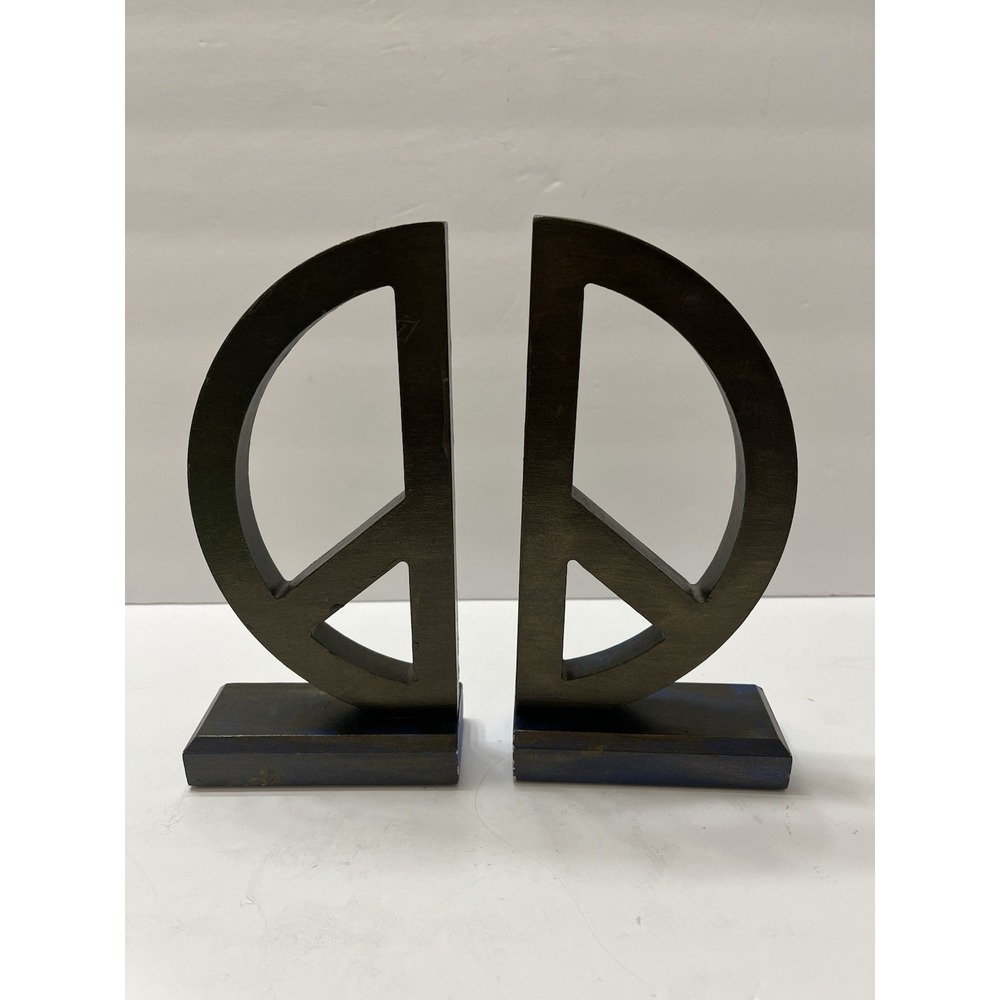 Peace Sign Bookends Wood Painted Black Over Blue 8x4" Lightweight Decorative - Picture 3 of 7